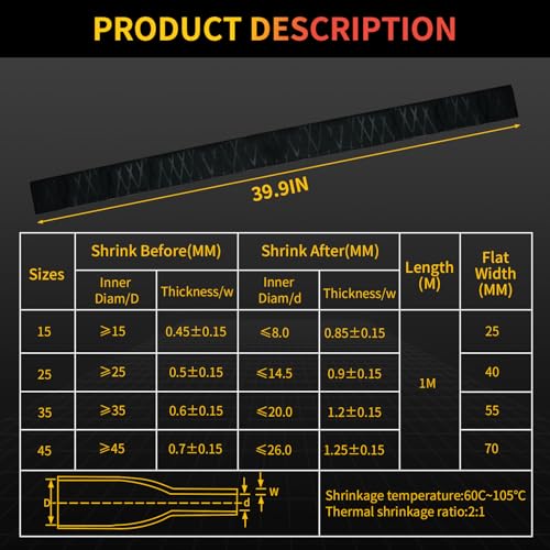 Heat Shrink Tubing for Grip Handle, 3.2 Feet Long, 15-45mm Size Range, Non-Slip Waterproof Insulation Wrap, Durable Repair for Fishing Rod, Tennis Racket, Tools (Black, 25mm) - color: Black, size: 25