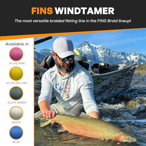 FINS Windtamer Braided Fishing Line – Round No-Wax 4-End Braid, Eliminates Wind Knots and Rod Tip Wraps, No-Stretch Performance, Low Memory, Freshwater Saltwater, Spinning Baitcasting, Made in USA - color: Hi-Viz Yellow, style: 4 Lb - 150 Yds
