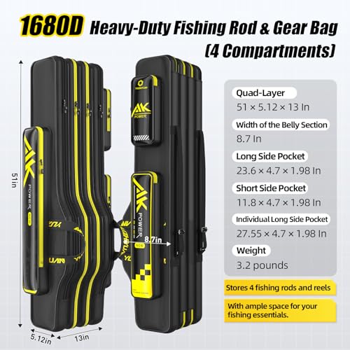 Fishing Rod Case 51in Quad-Layer 1680D Heavyweight Oxford Fishing Pole Case & Bag with Wire Frame Support (Not Hardshell)Quick-Access Compartments Anti-Sag Design Fishing Rod Bag Fishing Gift for Men - color: 4 Layer -Reinforced