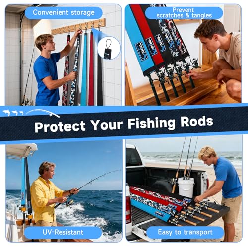 Neoprene Fishing Rod Sleeves for Casting, Spinning, Trolling Pole - Protective Cover Rod Sock with Hanging Loop & Lanyard- Floating, Puncture Resistant, Lightproof - size: 58", style: 5 Pcs