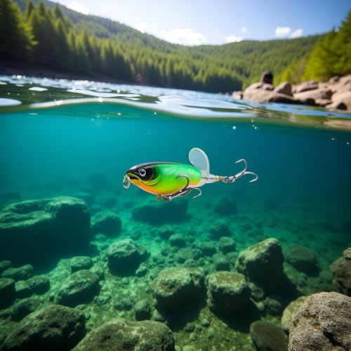 Topwater Fishing Lures Bass with Floating Tractor Rotating Tail Barb Treble Hooks Artificial Hard Bait Swimbait Lures Surface Crankbait for Bass Trout Walleye Pike Musky Fishing Topwater