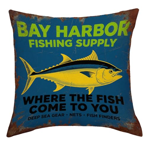 Rustic Fishing Throw Cushion Case 18x18 Inch Bay Harbor Fishing Supply Tuna Pillow Cover for Lake House Cabin Man Cave Couch Sofa Outdoor Fishing Decor Pillowcase (Blue) - color: Blue