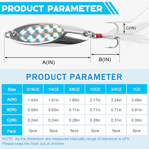 Fishing Spoon Lures, Hard Metal Spoon Fishing Lures Casting Trout Spoons with Treble Hook Jigging Spoon Bait for Bass Pike Trout Walleye Salmon Saltwater Freshwater - size: 10g(3/8oz)-5pcs, style: With Feather
