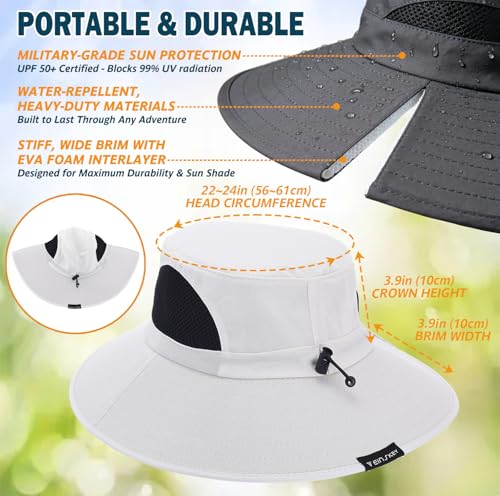 Wide Brim Sun Bucket Hat, Waterproof Boonie Hat for Men & Women | UPF 50+ UV Protection, Adjustable Fit, Chin Strap & Sweatband, Foldable Durable for Fishing Hiking Garden Beach - color: 01 Ivory