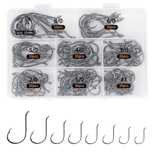 UCEC Circle Hooks Fishing Hooks 2X Strong Offset Circle Hooks Saltwater Black High Carbon Steel Octopus Catfish Hooks Fishing Gear Tackle 150pcs/ 240pcs - Size:#1 1/0 2/0 3/0 4/0 5/0 6/0 8/0 - color: Silver Assortment, size: 150pcs, #1 1/0 2/0 3/0 4/0 5/0