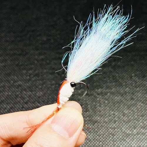 8Pc Bionics Crystal Flash Silk Shrimp Artificial Lures Fly Fishing Flies Saltwater Freshwater Bait Fishing for Bass Trout Salmon Hook Size #6 - color: Red