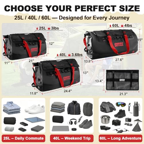 OSAH DRYPAK Waterproof Duffel Bag 25L/40L/60L – Heavy-Duty Motorcycle Tail Bag, Roll-Top Dry Bag for Travel, Camping, Boating, Kayaking, Outdoor Adventure - color: BLACK RED, size: 25L