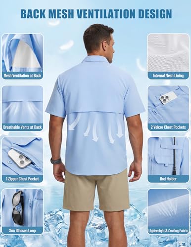 WULFUL Men's Sun Protection Fishing Shirts UPF 50+ Lightweight Quick Dry Cooling Short Sleeve Shirts for Work Hiking Safari - color: Light Blue, size: 3X-Large