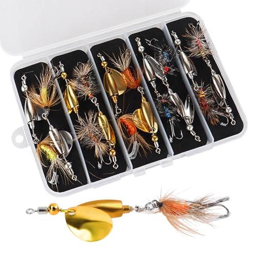 Trout Spinner Lures with Stimulator/Humpy Dry Fly Tail, Brass Hard Metal Hand-Tied Rooster Bait Tail Fishing Spinnerbaits for Bass Pike Salmon Saltwater Freshwater Lake River - color: 10PCS