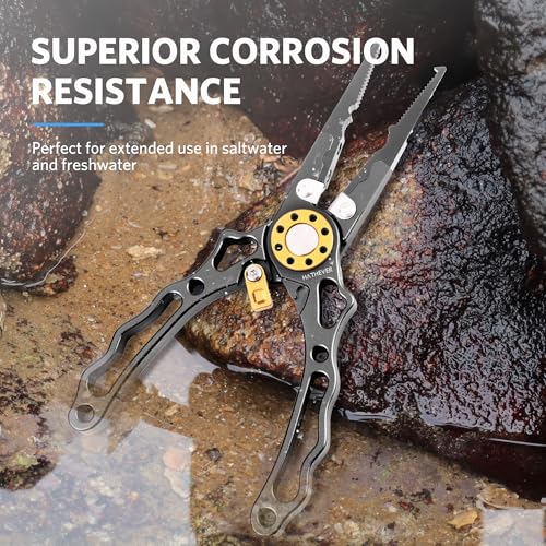Fishing Pliers Saltwater, Split Ring Pliers Hook Remover with Safety Lock, Fishing Tools with Sheath and Lanyard, Fishing Gifts for Men - color: Black