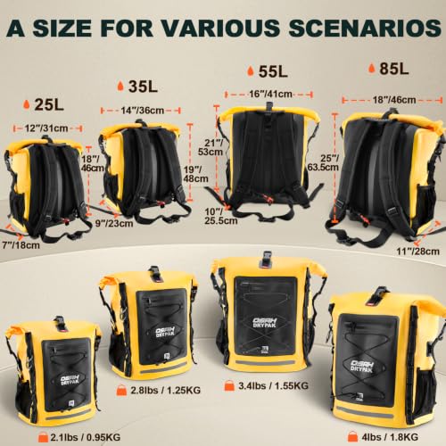 OSAH DRYPAK Waterproof Backpack Dry Bag 35L/55L/85L – Heavy Duty Roll-Top Hiking Backpack for Travel, Kayaking, Boating, Camping, Rafting and Fishing - color: Yellow, size: 85L