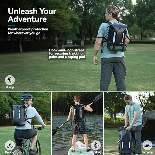 MARCHWAY Roll Top Waterproof Backpack, Floating Dry Bag 20L/30L/45L with Ergonomic Rectangular Base, Cushioned Back, Hip Strap for Hiking Camping Kayaking Travel (Black, 30L) - color: Black, size: 30L