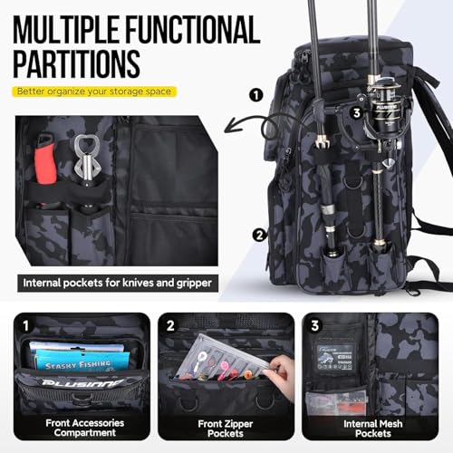 PLUSINNO Fishing Backpack with Fishing Gear Fish Net & Rod Holders Tackle Box, 42L Large Water-resistant Tackle Bag Store - color: Black Camouflage With Net
