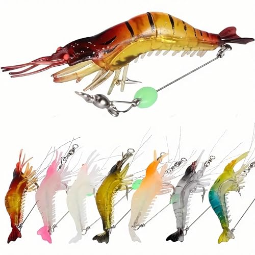 7Pcs Fishing Lures Shrimp Bait Set,Soft Bionic Shrimp Fishing Lures, with Luminous Sharp Hooks for Freshwater Saltwater,Attract Bass, Trout, Catfish, Salmon