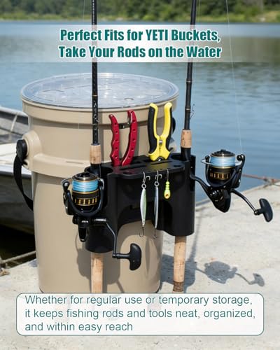 Fishing Rod Holder Fits for YETI Gear Bucket with Magnetic & Fixed Mount | Heavy-Duty Support Bracket with Magnet for Metal Surface, No-Drill Removable Storage Solution, Prevent Corrosion