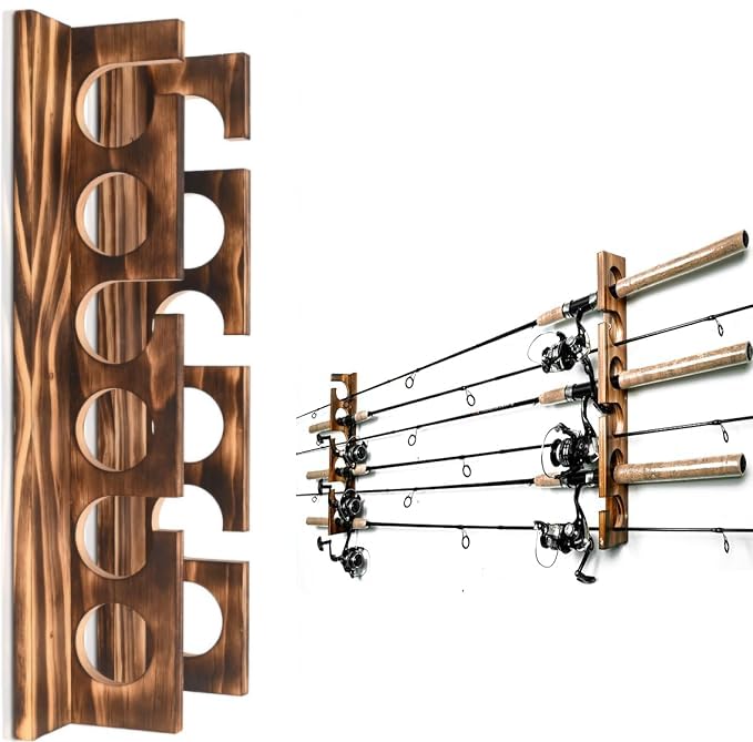 Wooden fishing rod holder Wall or Ceiling Mount – Holds Up to 6 Rods or Combos, Fishing Pole Holder for Garage, Boat, Cabin & Tackle Storage Organization