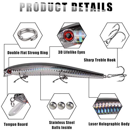 Saltwater Fishing Lures Kit,6pcs Jerkbaits Striped Bass Fishing Lure Hard Minnow Lures Surf Fishing Jerkbait Popper Plugs Striper Lures Inshore Offshore Saltwater Fishing Lures Set