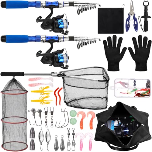 51 Pcs Fishing Rods Combo 6.89ft Telescopic Freshwater Pole Set with Plier Lip Gripper Lures Carrier Bag Pre Loaded Spinning Reel with Freshwater Rod Reel Kit Father Men Gift - color: Blue