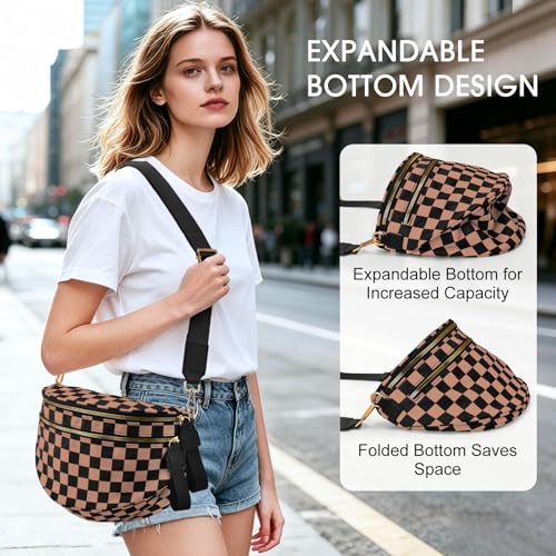 Checkered Nylon Crossbody Bag Bum Bag for Women Mom Large Checkered Fanny Packs with Adjustable Strap - color: Khaki Checkered
