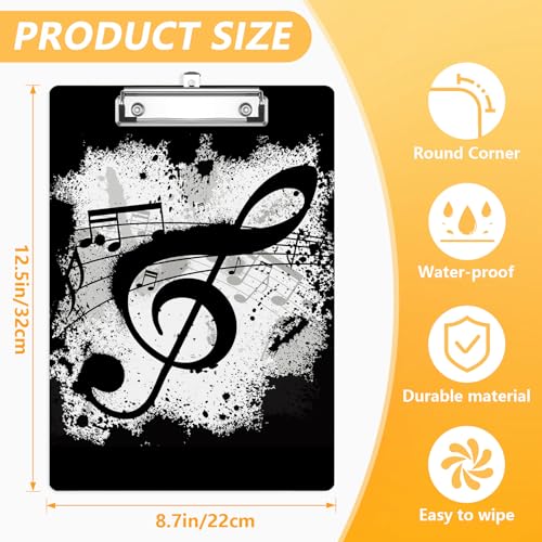 Black Music Note Clipboard, Decorative Clip Board with Metal Clip Cute Plastic Clipboards A4 Standard Size 8.5" x 12.5" for Nurses, Students, Office - color: Music
