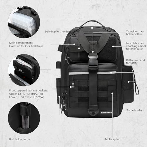 BASSDASH Convertible Fishing Backpack Sling Bag with Rod Holder, Adjustable Tactical Water-Resistant Tackle Storage Pack FP07 - color: Black, size: Large