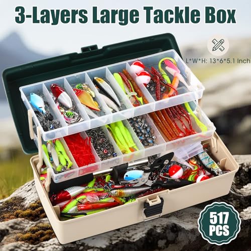 517 Pcs Large 3 Layers Tackle Box with Tackle Fishing Lures Kit Included Pliers, Fish Lip Gripper, Crankbait, Hooks, Other Accessories Fishing Kit for Men Gifts Summer Vacation(Dark Green Milky White) - color: Dark Green Milky White