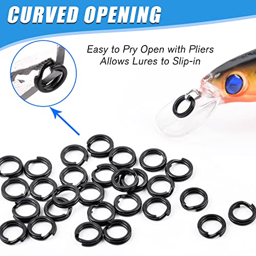 Fishing Split Rings Set,200pcs Stainless Steel Lure Rings Heavy Duty Double Flattened Hyper Wire Snap Ring Saltwater Lure Tackle Connector for Jigging Trolling - color: Black(200pcs Kit)