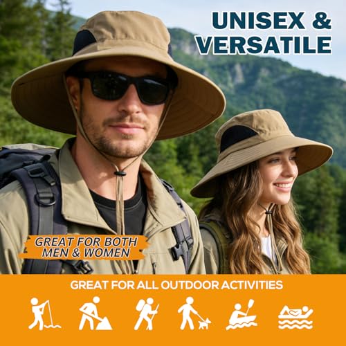 Wide Brim Sun Bucket Hat, Waterproof Boonie Hat for Men & Women | UPF 50+ UV Protection, Adjustable Fit, Chin Strap & Sweatband, Foldable Durable for Fishing Hiking Garden Beach - color: 01 Camel