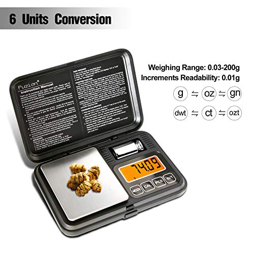 Fuzion Digital Pocket Scale 200g/0.01g, Scale Gram with LCD Display, Tare and PCS, Mini Digital Scale with 50g Calibration Weight for Jewelry, Coins, Powder, Herbs, Spices (Battery Included) - color: Black, size: 200/0.01g