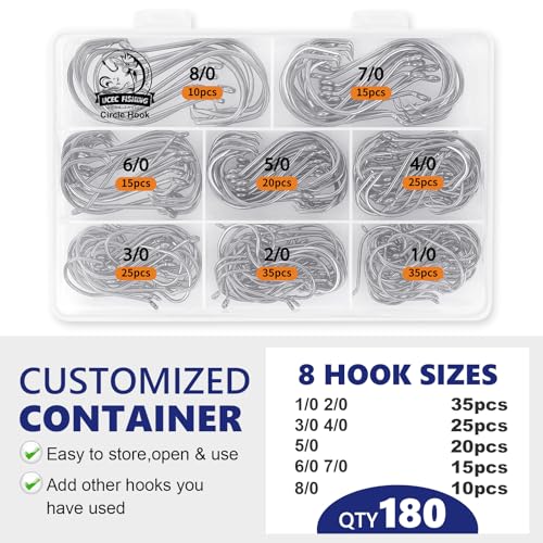 UCEC Circle Hooks Fishing Hooks 2X Strong Offset Circle Hooks Saltwater Black High Carbon Steel Octopus Catfish Hooks Fishing Gear Tackle 150pcs/ 240pcs - Size:#1 1/0 2/0 3/0 4/0 5/0 6/0 8/0 - color: Silver Assortment, size: 180pcs, 1/0 2/0 3/0 4/0 5/0 6/