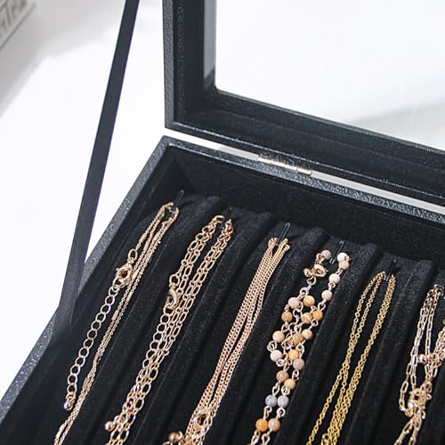 14 Hooks Necklace Storage Tray, Velvet Neckalce Organizer Box with Clear Lid, Pendant Chain Necklace Jewelry Organizer Drawer Tray for Women Girls (Black) - color: Black