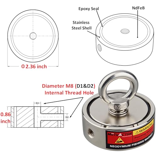 MUTUACTOR Double-Sided Fishing Magnet Kit,Combined 760lbs Fishing Magnets Heavy Duty,Φ2.36''Permanent Neodymium Rare Earth Magnet with 65Ft Salvage Rope Sturdy Gloves Bag for Recovery Treasures - style: 760lb Magnet(Double Sided)--Φ 2.36"