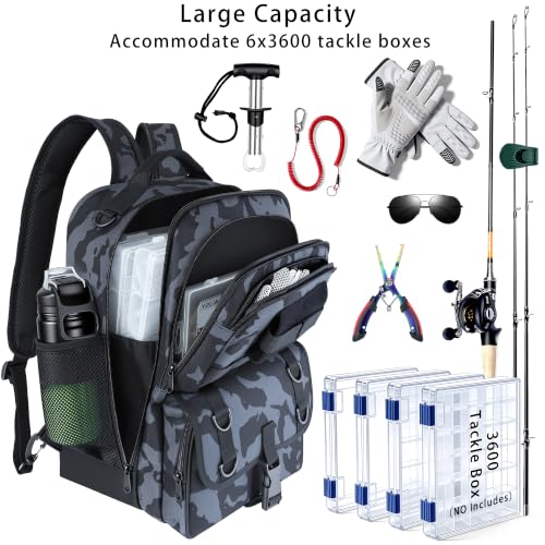 Fishing Backpack with Tackle Boxes,Fishing Sling Tackle Bag with Rod Holder Waterproof Fishing Bag with Fishing Gear, Fishing Gifts for Men Women Gear Combo Kit,Camouflage Black - color: Camouflage Black