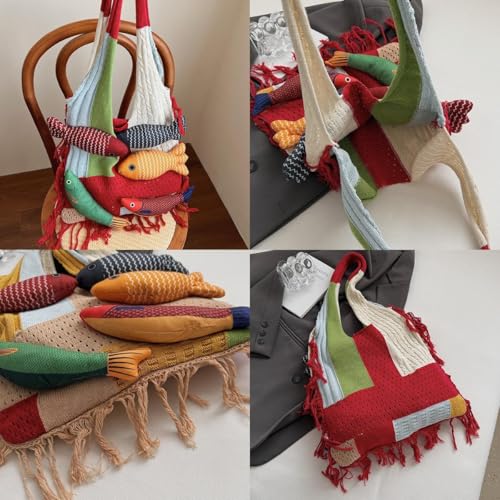 Knitted Beach Shoulder Bag for Women 3D Fish Bohemian Tote Versatile Purse Soft Hobo Handbag for Summer Vacation 2026 - color: A Red