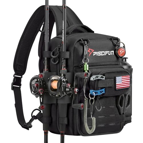 Piscifun Fishing Tackle Backpack, Convertible Sling or Waist Pack, 16-Pocket Storage Gear Bag with 2 Rod Holders & Rain Cover - color: Black