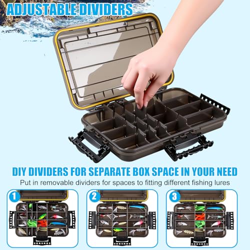 Wonderjune 6 Pack 3600 Fishing Tackle Boxes Waterproof Tackle Trays with Removable Dividers Clear Plastic Storage Organizer Bait Vault Camouflage Box for Freshwater Saltwater (Black) - color: Black