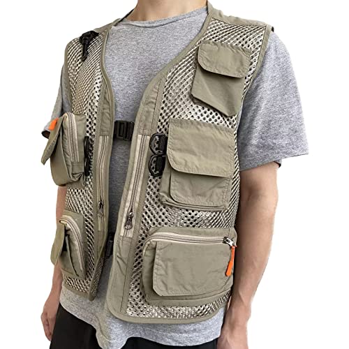 Men Mesh Breathable Multi-Pocket Vest Outdoor Travelers Fly Fishing Photography - color: Khaki, size: X-Large