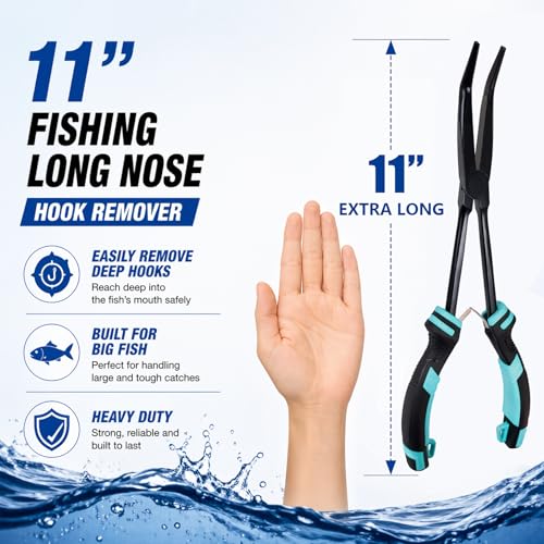 EUPHENG 11in Fishing Long Nose Pliers Carbon Steel Corrosion Resistant PTFE Coated Hook Remover Saltwater & Freshwater with Return Spring Needle Nose Pliers Straight & Bent Jaws for Bass Snook Trout - color: Orange（Straight Nose）