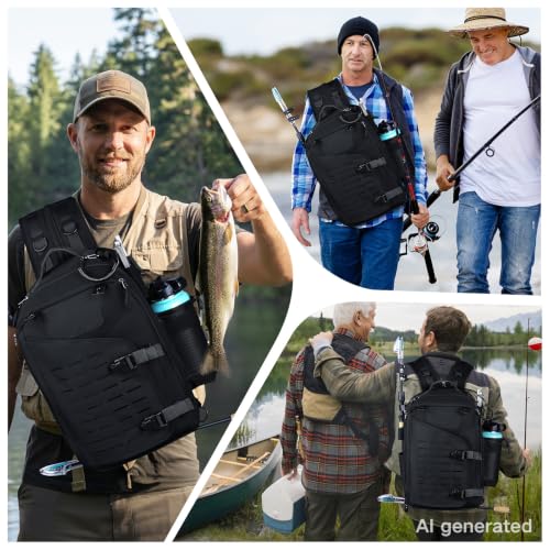 Goture Black Tackle Bag with Trays, Fishing Backpack for Men Professional Fishing Gear Organizer with MOLLE System, Rod Holder - color: Black, style: 900d Water-resistant Oxford Backpack + (3)3600 Trays