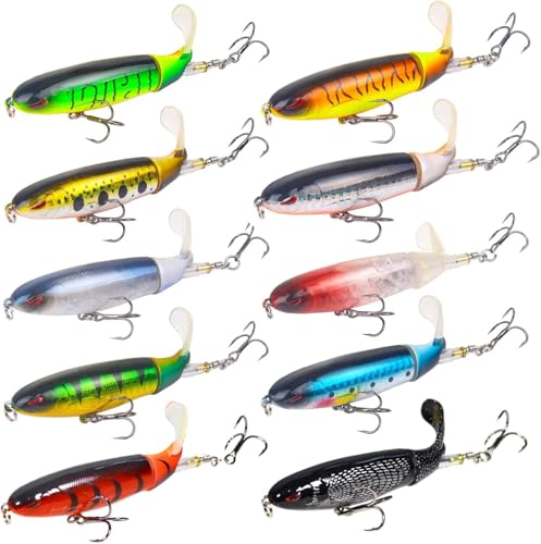 Popper Top Water Fishing Lure: Whopper Fishing Lures with Floating Rotating Tail Barb Treble Hooks Saltwater Freshwater for Bass - color: Multi 1