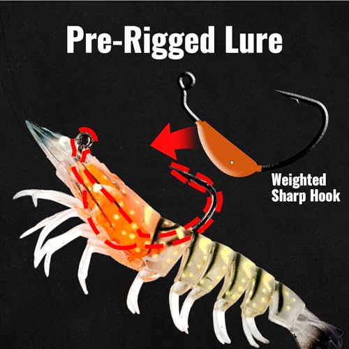 3Pcs Shrimp Fishing Lures for Saltwater and Freshwater Soft Bait Pre-Rigged Glow Eyes Lifelike Silicone Prawn Jig for Bass Trout Redfish Flounder Crappie Snook Walleye Fishing - color: 3.5 in 3pcs