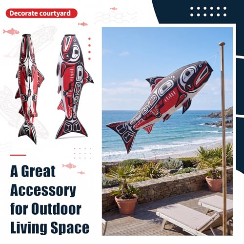 Newwiee 1 Pcs 45" Fishing Windsock for Outdoor Decor, Heavy Duty Fade Resistant Hanging Flag with Swivel Clip for Boat Dock Lake House Patio Yard, Fishing Gift for Men Dad Fisherman (Salmon) - style: Salmon