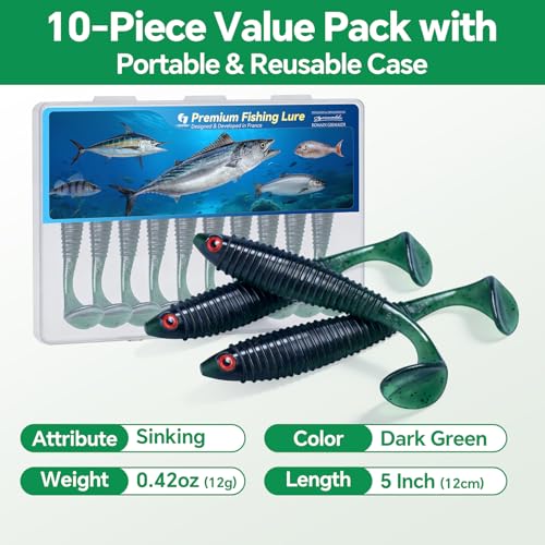 Clearance Bionics-Designed Durable Soft Plastic Fishing Lures Kit with Bonus Accessories, 3/4/5/6 Inch, 9-Type Lifelike Swimbaits in One Gear Set Included Tackle Box for Bass - color: Dark Green