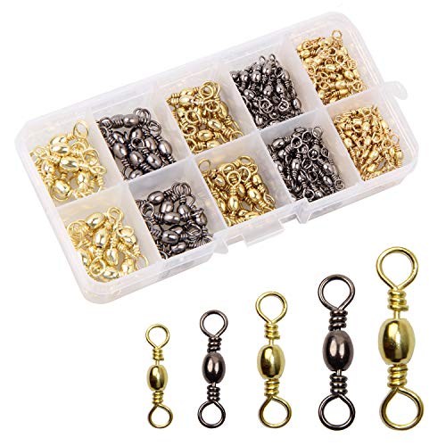 Fishing Barrel Swivels, 200pcs Rolling Ball Bearing Swivels with Solid Ring Fishing Tackle Accessories Hook Line Connector Copper with Stainless Steel Black & Gold Size 2 4 6 8 10
