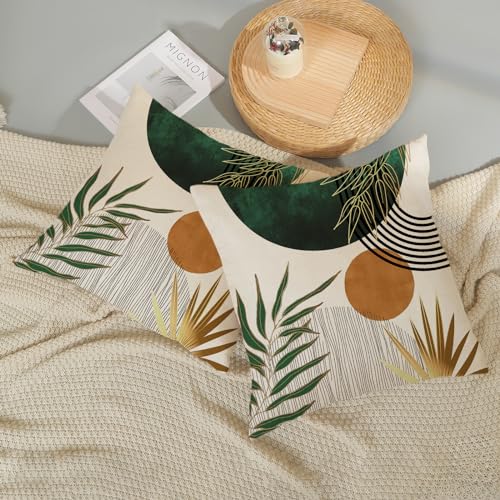 Boho Pillow Covers 18x18 Set of 2 Gold Green Throw Pillows Modern Mid Century Pillowcase Tropical Leaves Orange Sun Decorative Pillows Outdoor Decorations Bohemian Cushion Case for Sofa Home - color: Green-mid Century 1, size: 18" x 18" (Pack of 2)