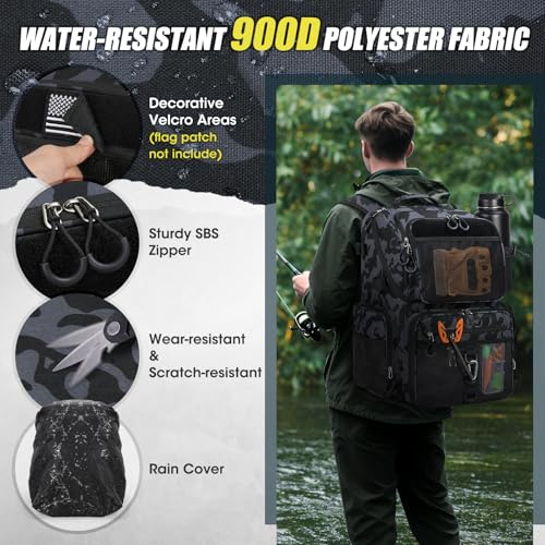 RAINSMORE 45L Fishing Backpack with Rod Holders & Rain Cover Large 900D Water-resistant Fishing Tackle Bag Store Fishing Gear - color: Black Blue Camouflage