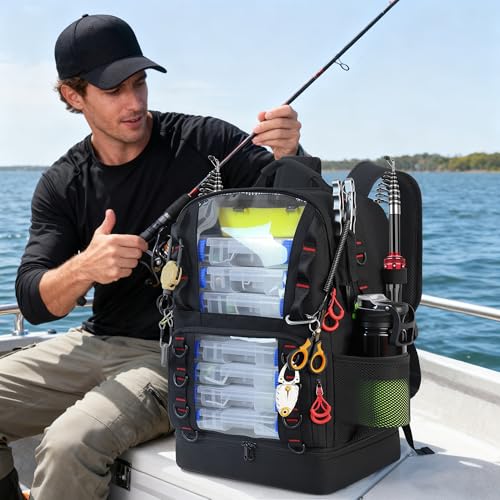 Fishing Tackle Backpack with Cooler,45L Large Tackle Bag with 2 Rod Holders & Clear Window,Outdoor Fishing Backpack for Fishing,Camping,Hiking,Black - color: Black