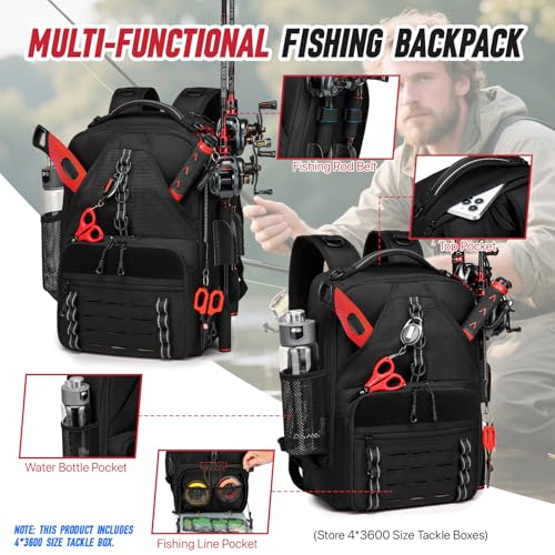 Fishing Tackle Backpack,Tackle Bags with 2 Rod Holders & 4 Tackle Boxes, Water-Resistant Large Tackle Bag Storage Bag for Fishing Gear, Fisher Gifts for Men, Black - color: A-Black with 4 Tackle Boxes