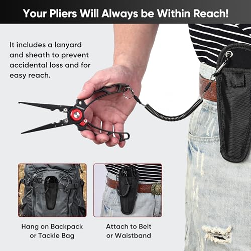 Fishing Pliers with Innovative Ergonomical Handle, Corrosion Saltwater Resistant,Fishing Multitool Hook Remover Braided Fishing Line Cutting, Split Ring with Coiled Lanyard and Sheath - color: Red&black-7.28"