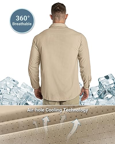 Outdoor Ventures Men's UPF 50+ UV Sun Protection Shirt, Long Sleeve Hiking Fishing Shirt Cooling Quick Dry for Safari Travel - color: Khaki, size: Small